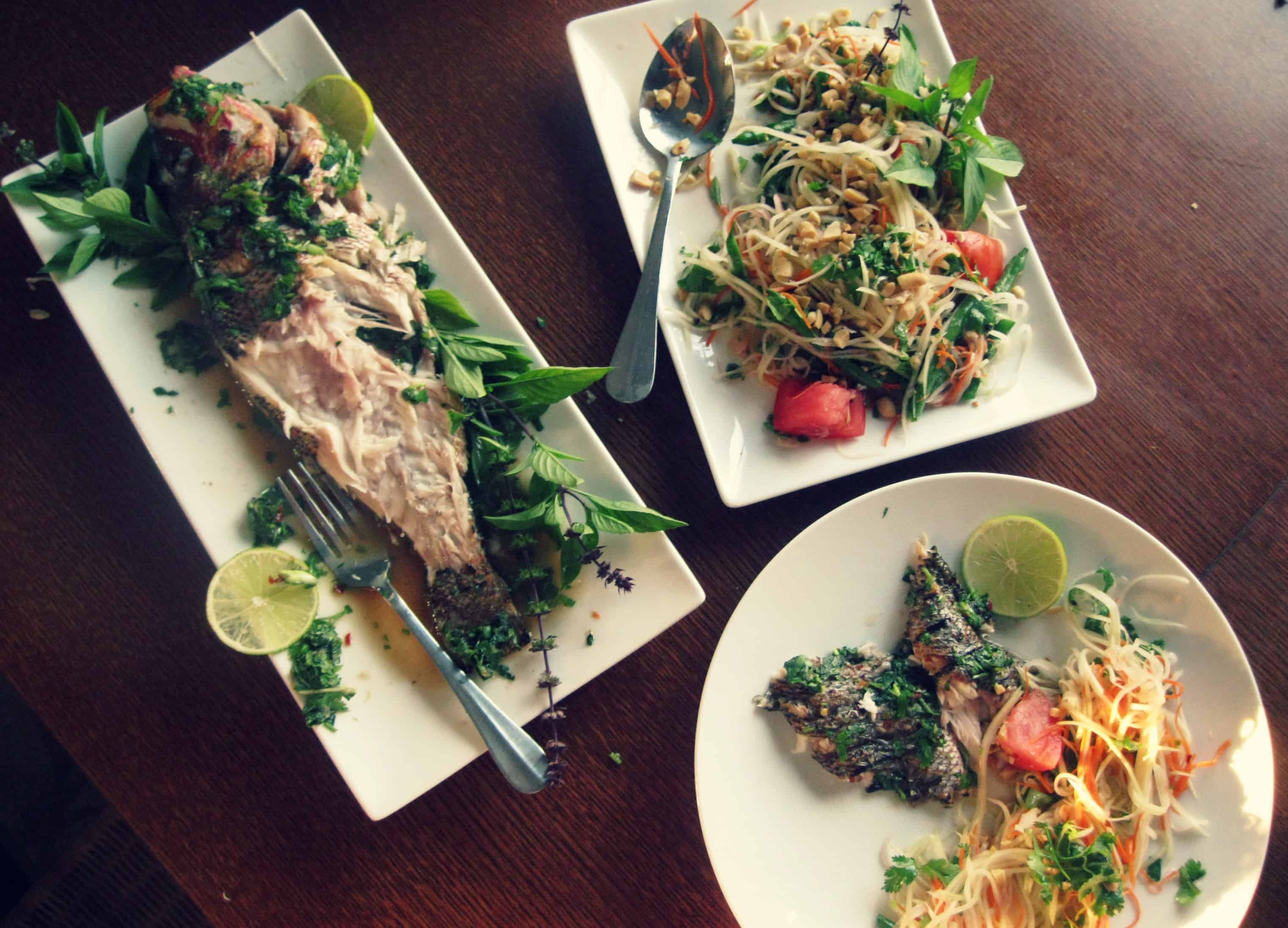 Three plates of grilled snapper over salad and pasta.