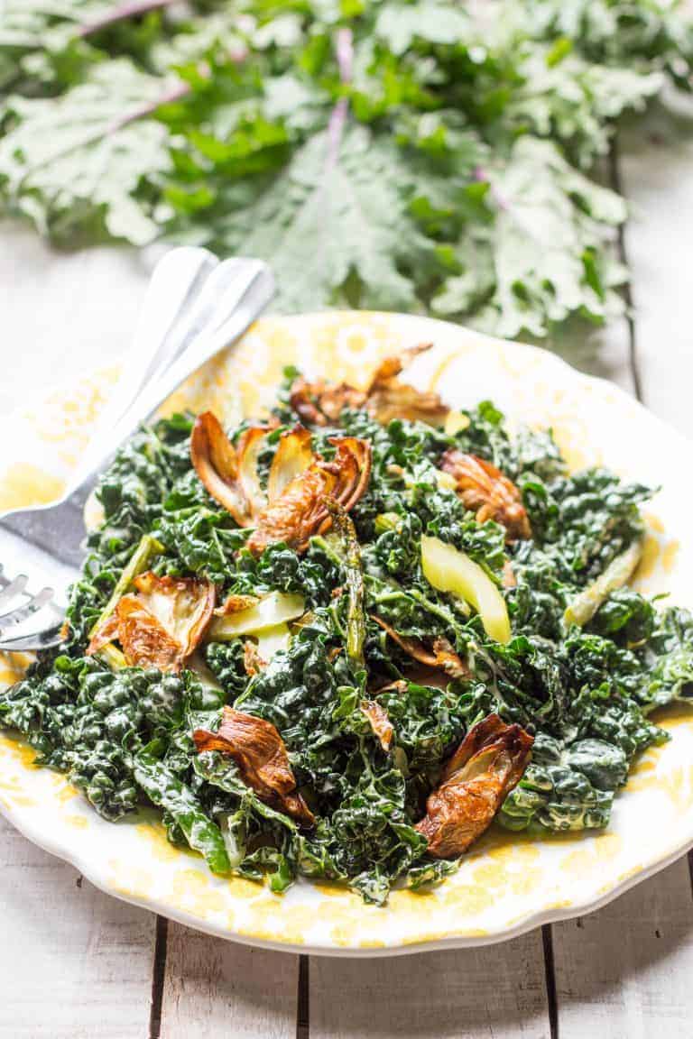 Fried Artichoke, Kale + Asparagus Salad with Pickled Celery + Creamy Parmesan Dressing