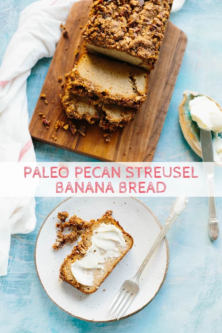 This easy recipe for Paleo Pecan Streusel Banana Bread is gluten free, dairy free + full of protein, fiber and nutrients. It's a healthy banana bread that tastes like cinnamon pecan streusel coffee cake, perfect for easy breakfasts. #easy #paleo #healthy #glutenfree #banana #bread #recipe | ColeyCooks.com