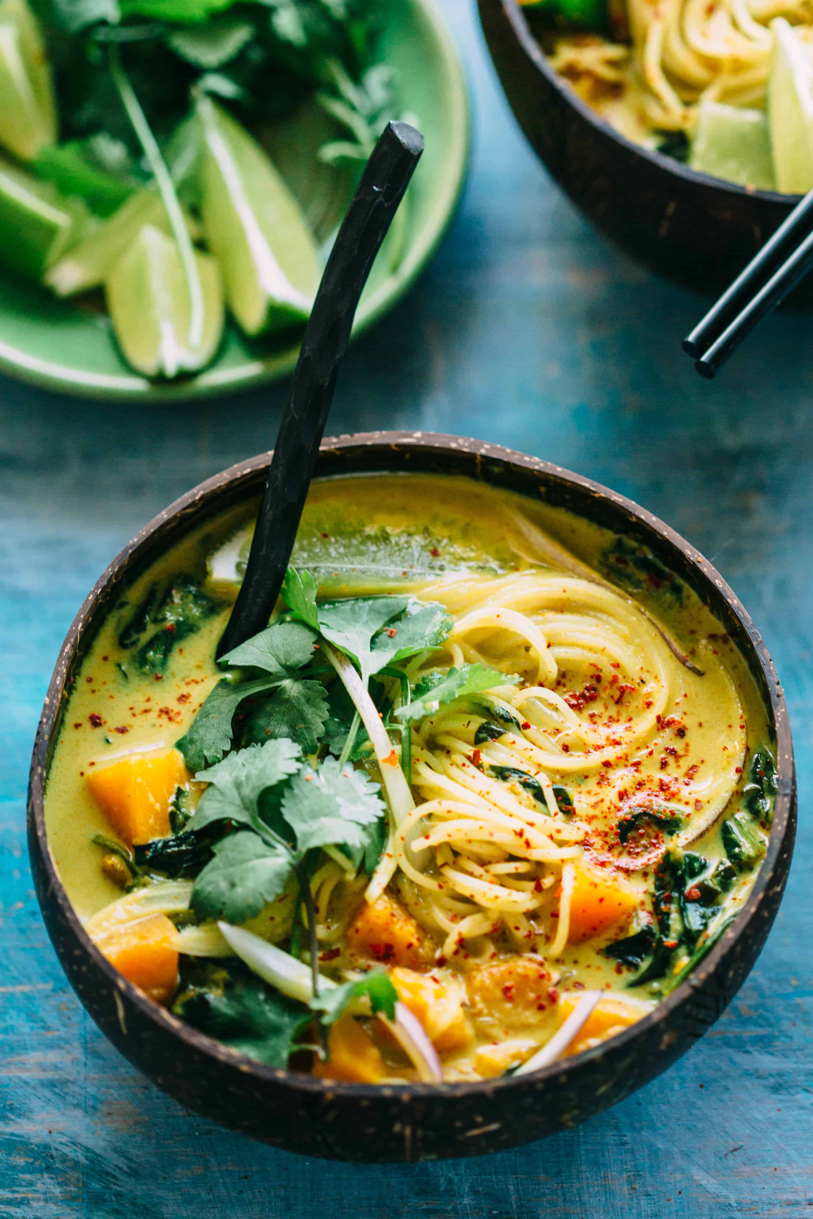 This Butternut Squash + Spinach Coconut Curry Noodle Soup is an easy, warm and flavorful soup recipe that's naturally vegan and gluten free! #vegan #gf #glutenfree #rice #noodles #easy #soup #recipe #coconut #curry #spinach | ColeyCooks.com