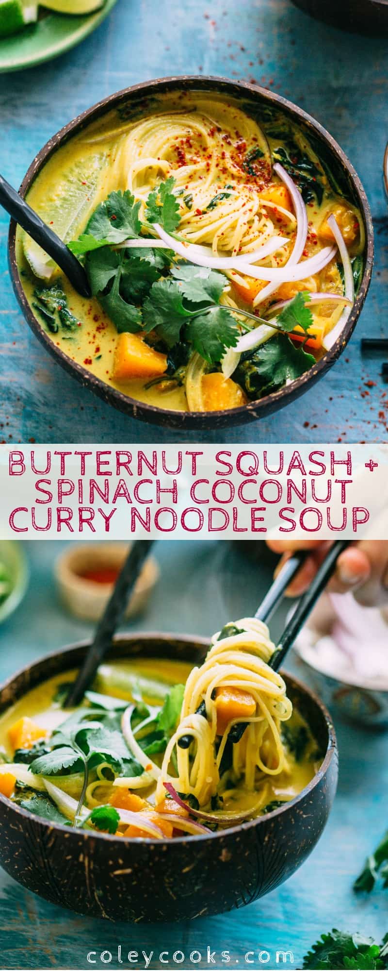 This Butternut Squash + Spinach Coconut Curry Noodle Soup is an easy, warm and flavorful soup recipe that's naturally vegan and gluten free! #vegan #gf #glutenfree #rice #noodles #easy #soup #recipe #coconut #curry #spinach | ColeyCooks.com