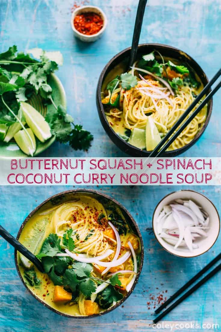 This Butternut Squash + Spinach Coconut Curry Noodle Soup is an easy, warm and flavorful soup recipe that's naturally vegan and gluten free! #vegan #gf #glutenfree #rice #noodles #easy #soup #recipe #coconut #curry #spinach | ColeyCooks.com