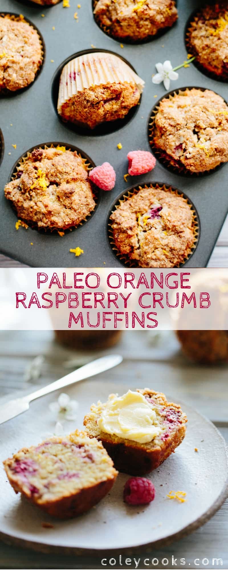 Pinterest collage of Paleo orange raspberry crumb muffin recipe.