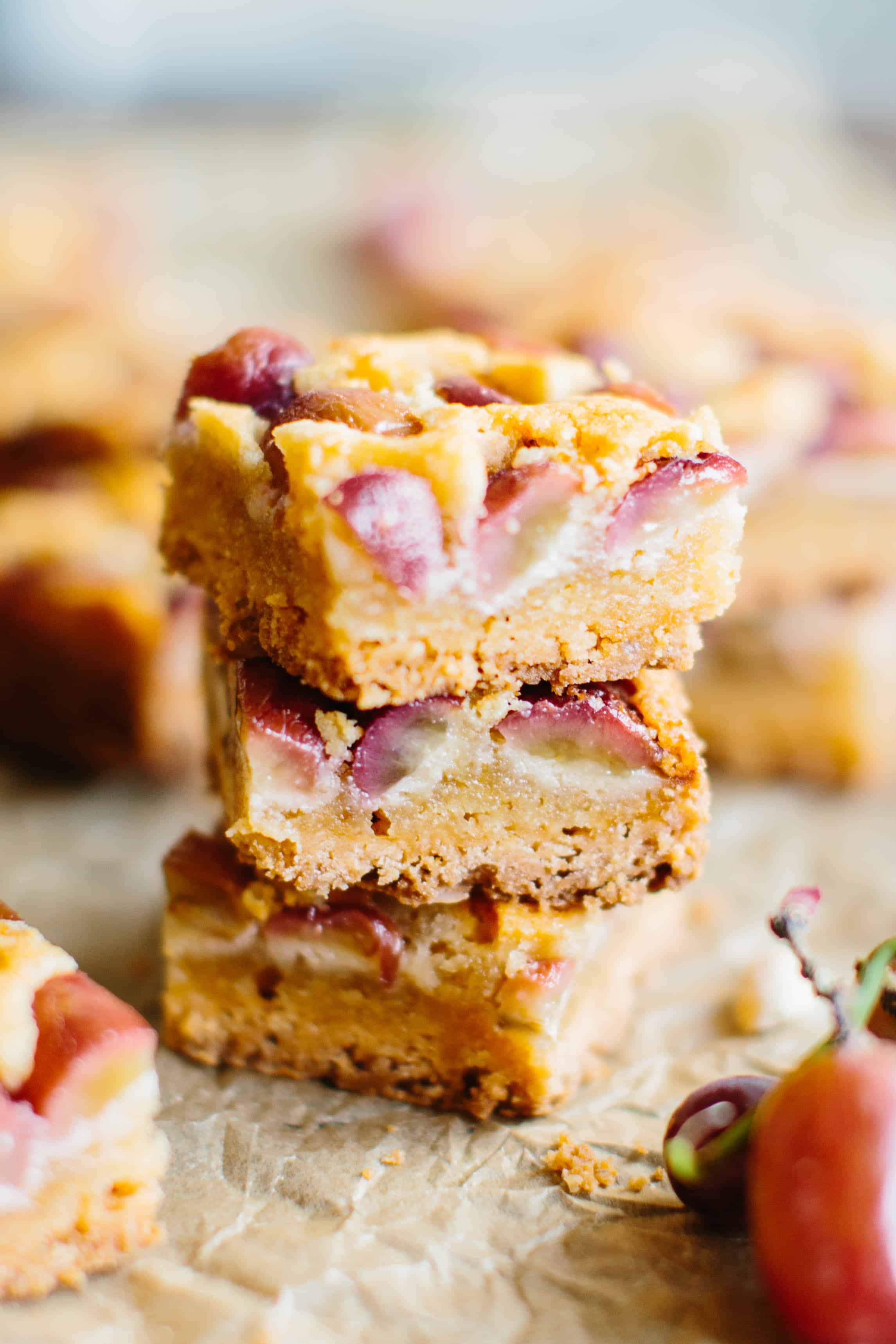 Three sliced peanut butter shortbread bars stacked up.