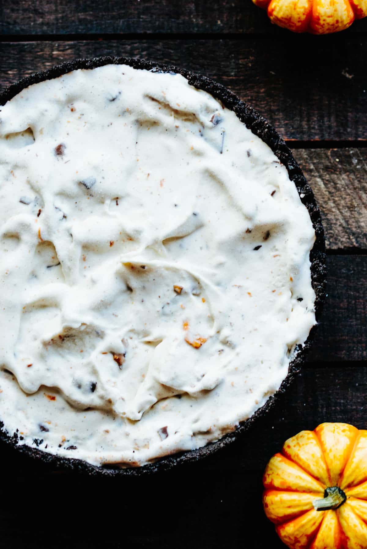 overhead shot of whole Halloween candy ice cream pie