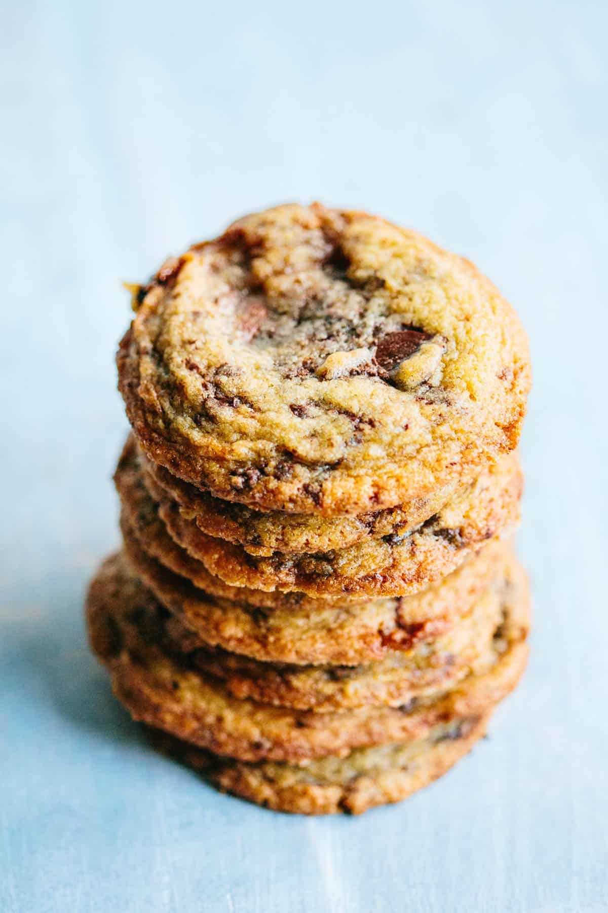 A stack of chocolate toffee chunk cookies