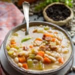 bowl of bean soup with a spoon sticking out