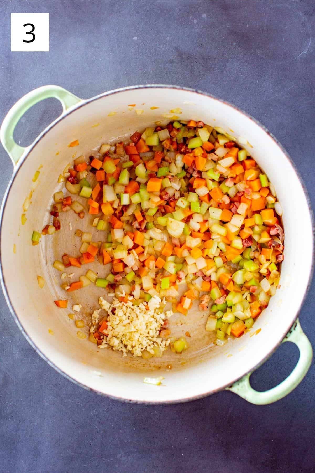 softened vegetables, pancetta and garlic in a dutch oven