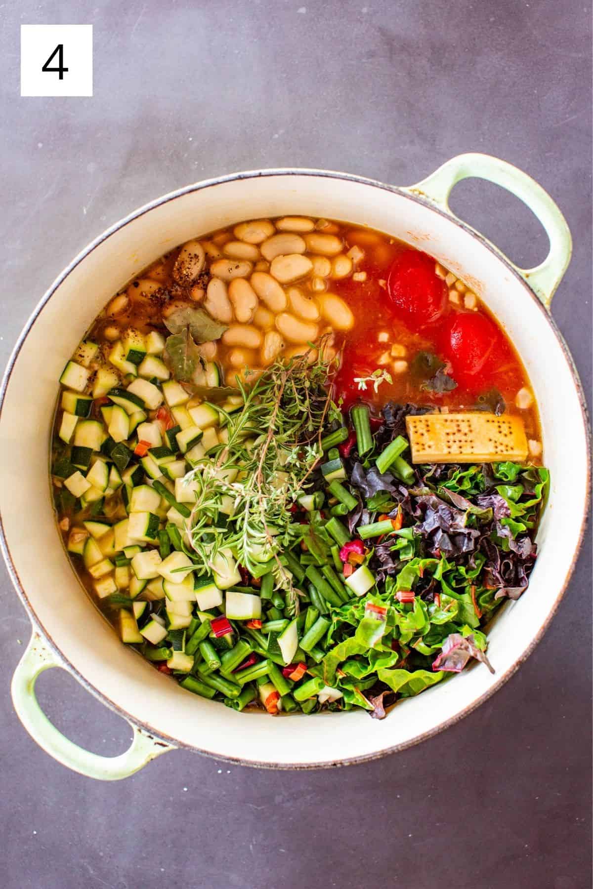 raw ingredients for minestrone in a dutch oven