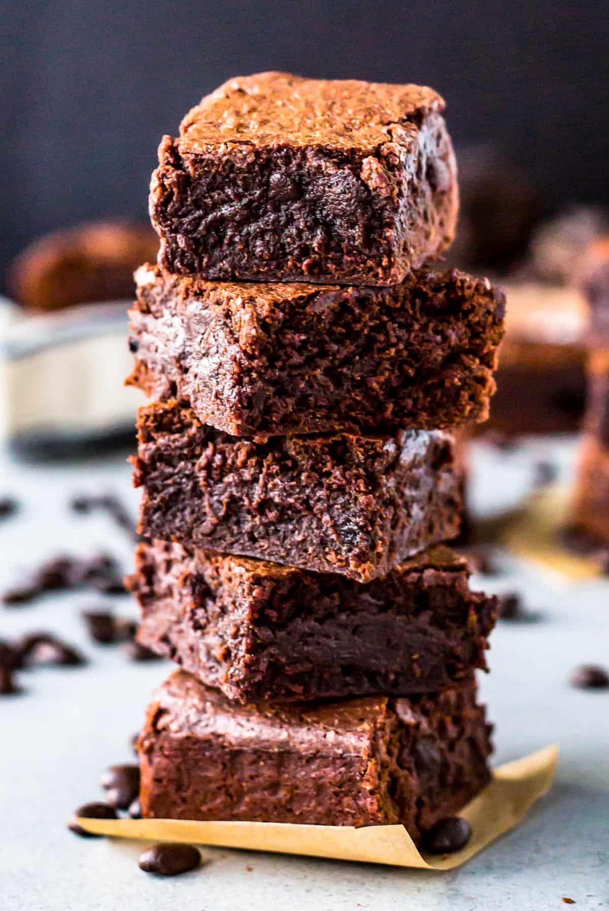 side view of a stack of five brownies