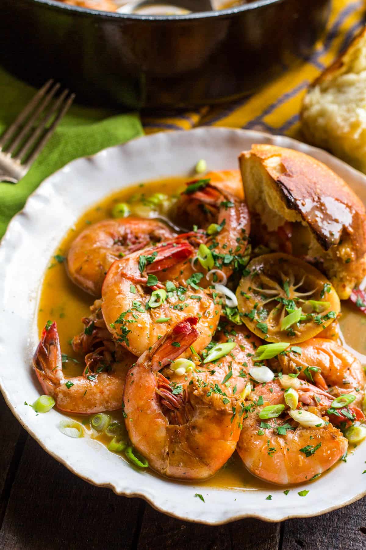 close up of a plate of bbq shrimp