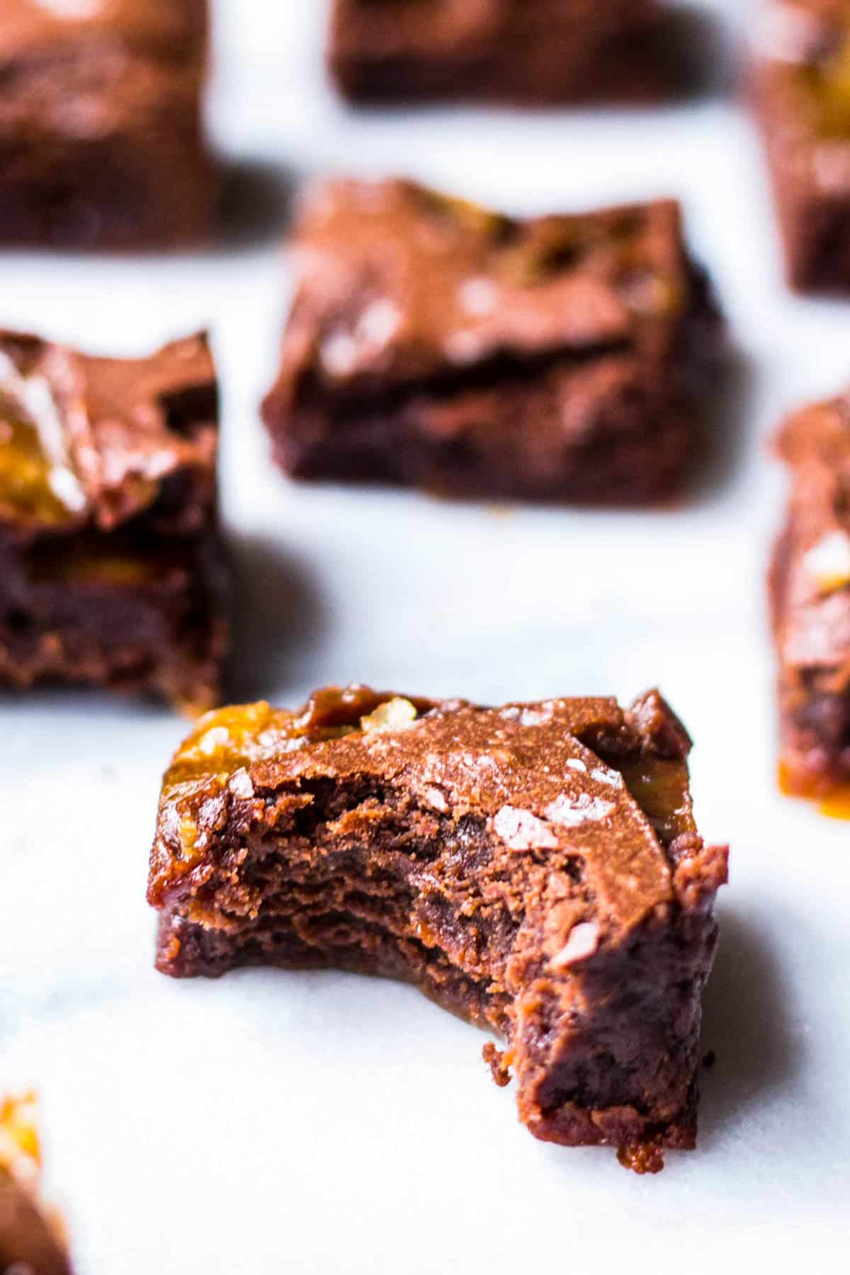 close up of a brownie with a bite taken out