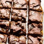 close up of salted caramel brownies