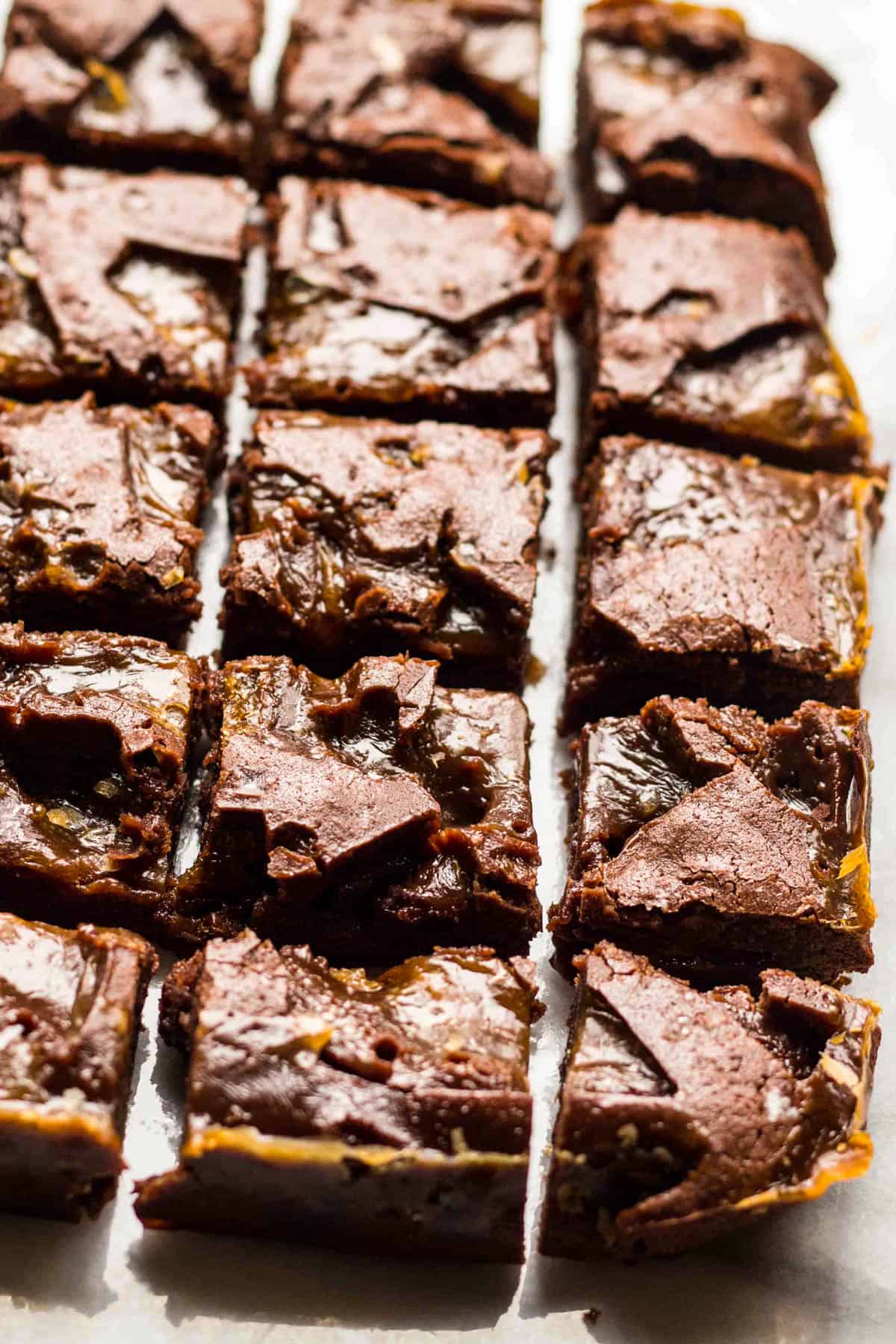 close up of salted caramel brownies