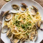 overhead shot of a bowl of pasta with clam sauce