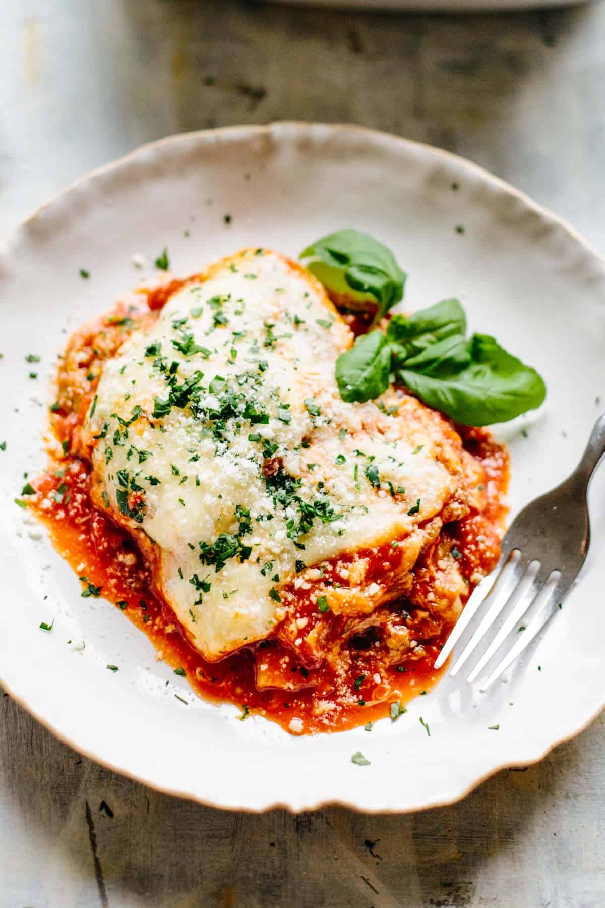 Lighter eggplant parmesan in a pasta bowl.