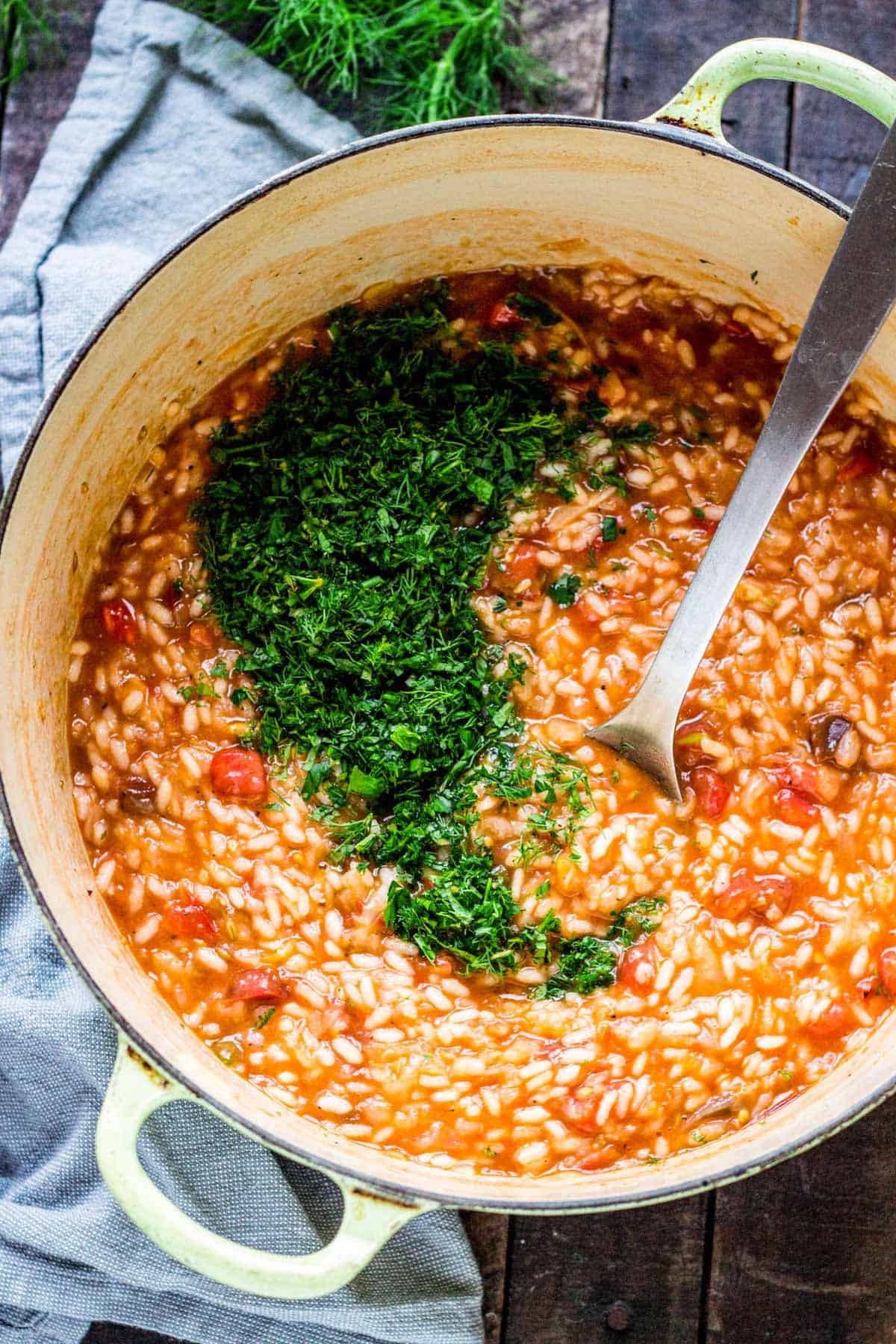 Bright green chopped herbs on top of tomato fennel risotto in a Dutch oven.