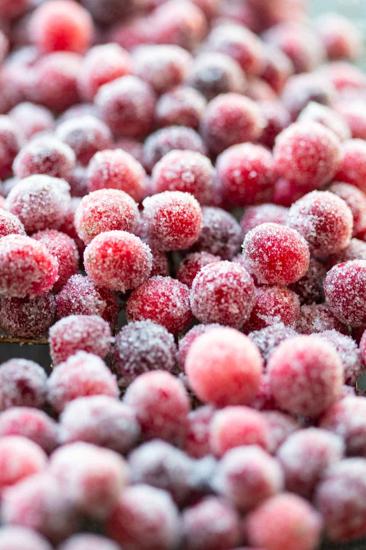 Close up of sugared cranberries.