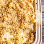 Top view of a cheesy casserole.