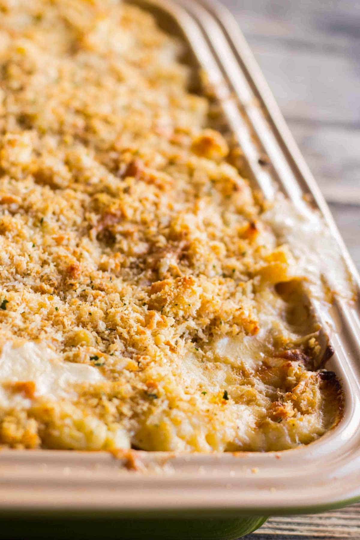 Side view of a pan of baked Mac and cheese.