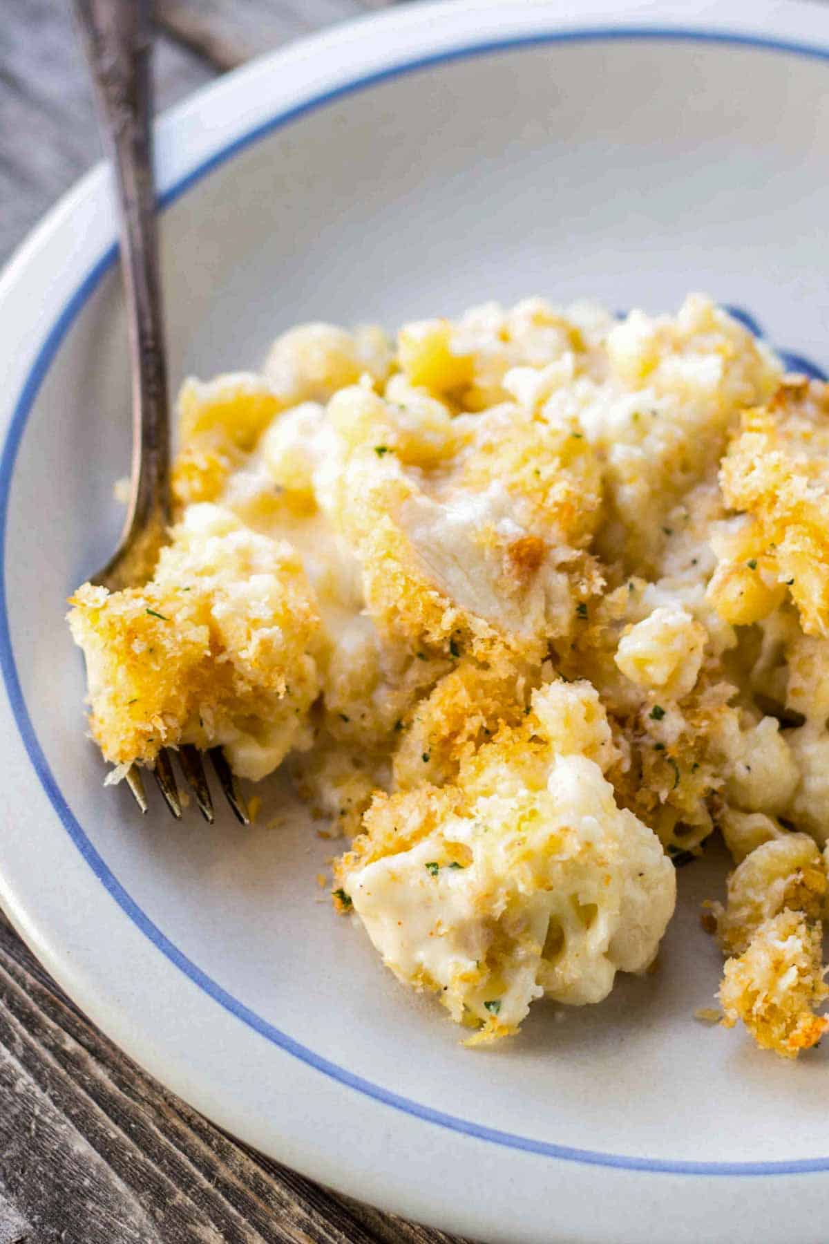 A gray plate with cauliflower Mac and cheese with a fork.