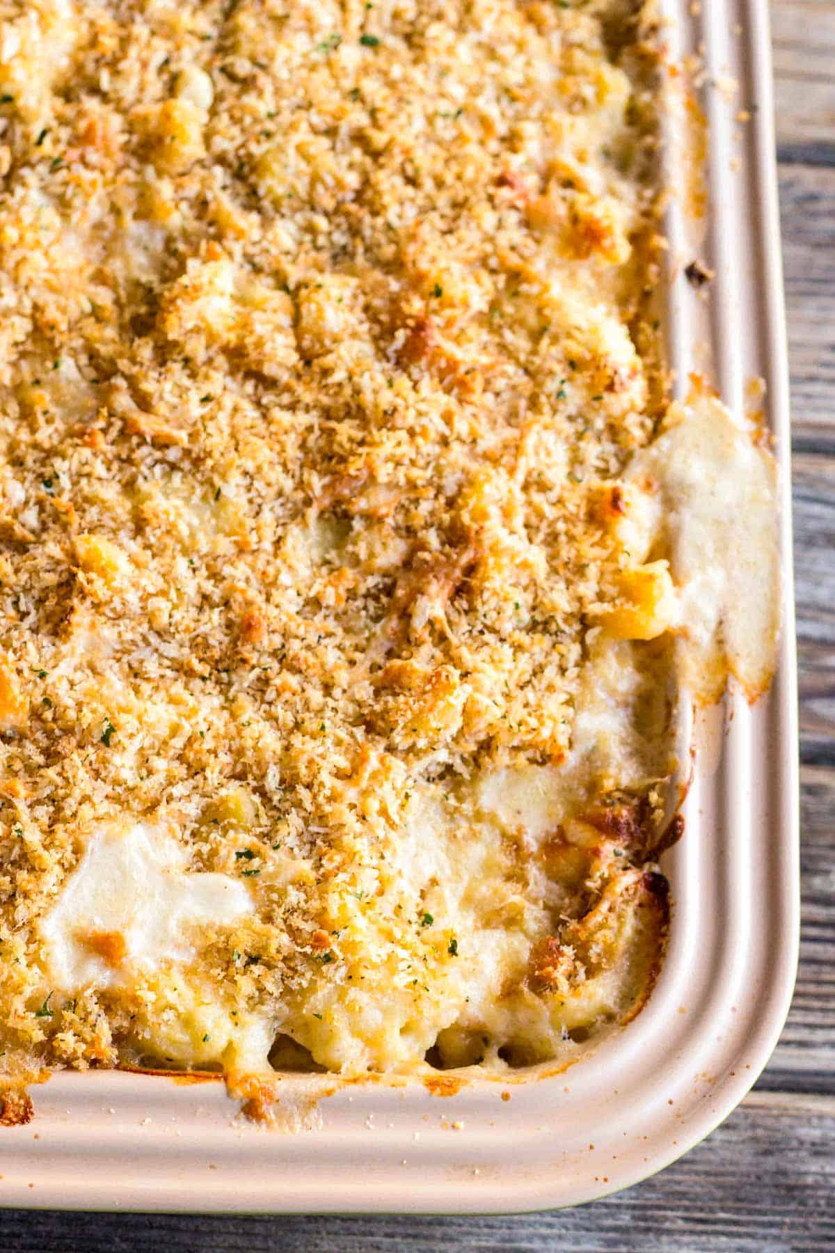 Top view of a cheesy casserole.