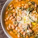 Overhead close up of a bowl of La RIbollita Tuscan soup.