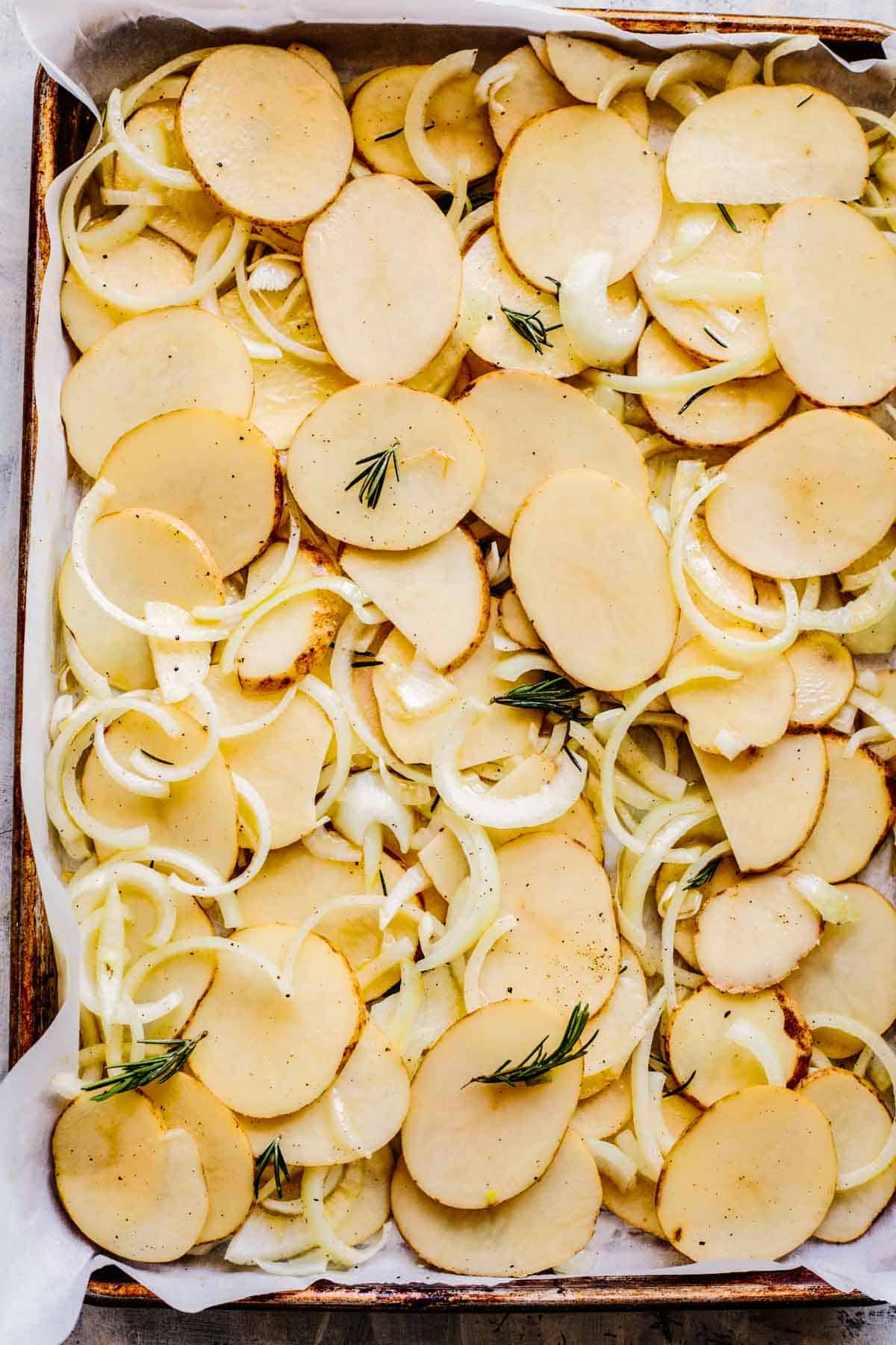 Overhead shot of a pan of raw onions and tomatoes before baking.