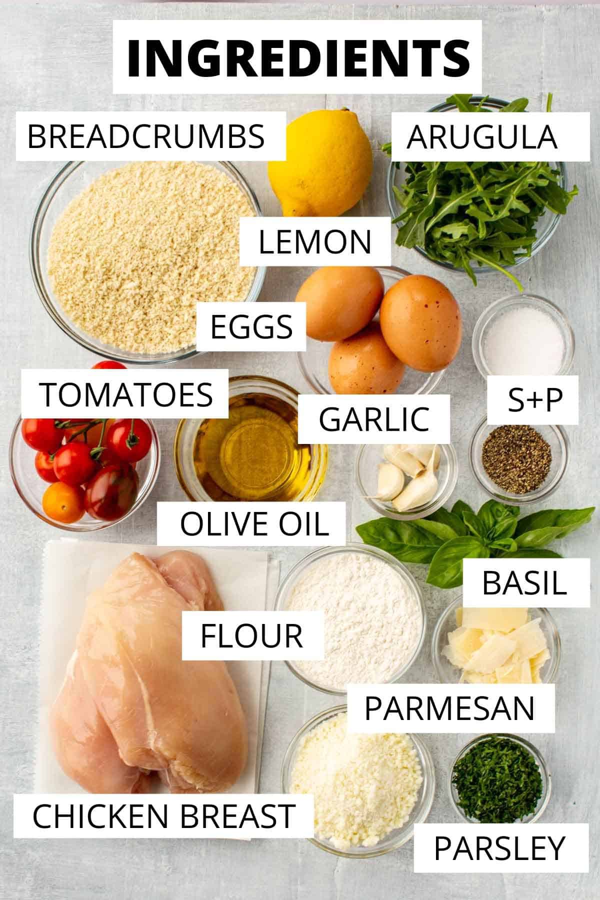 Ingredients for chicken Milanese with tomato arugula salad.