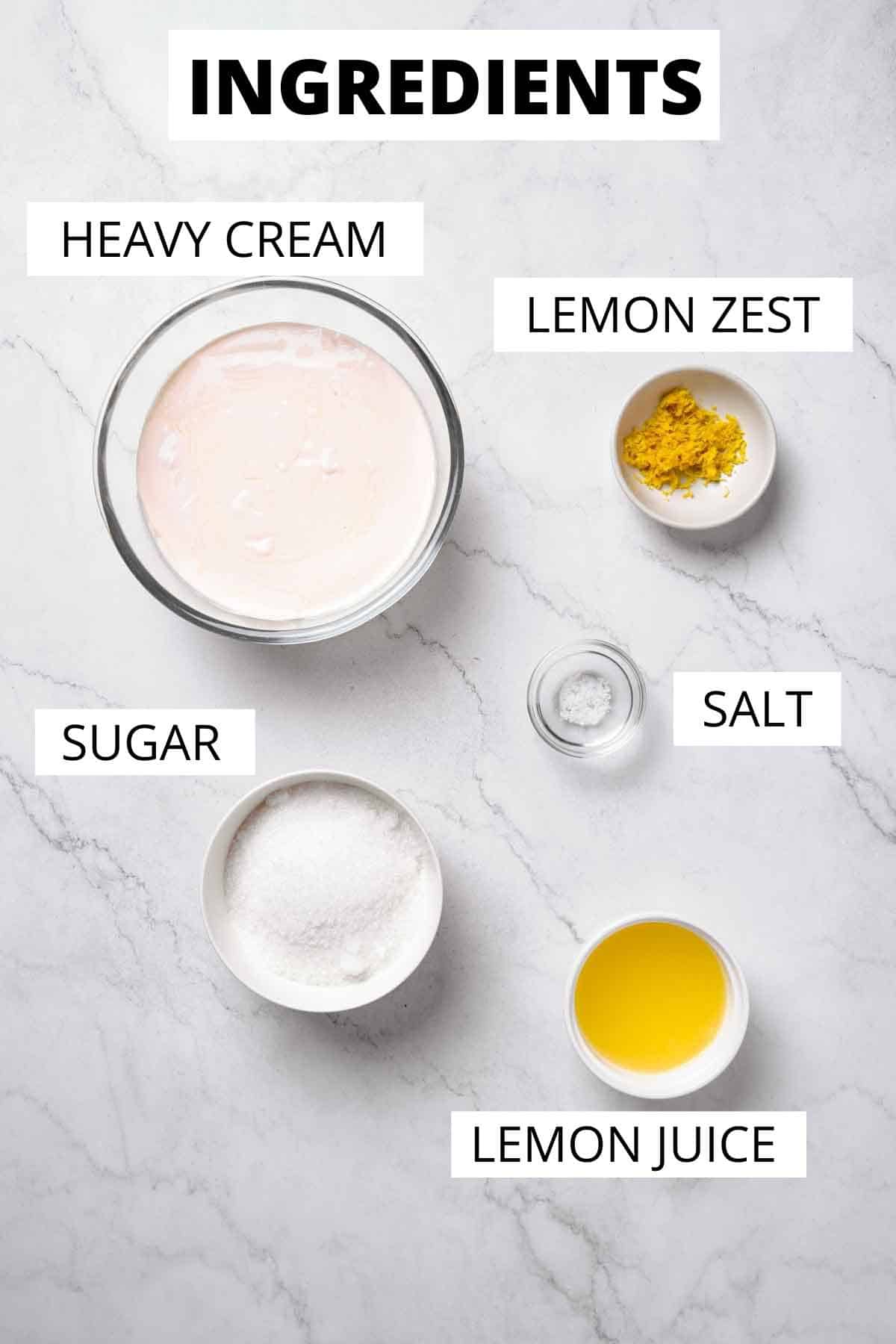 Ingredients for homemade lemon ice cream.