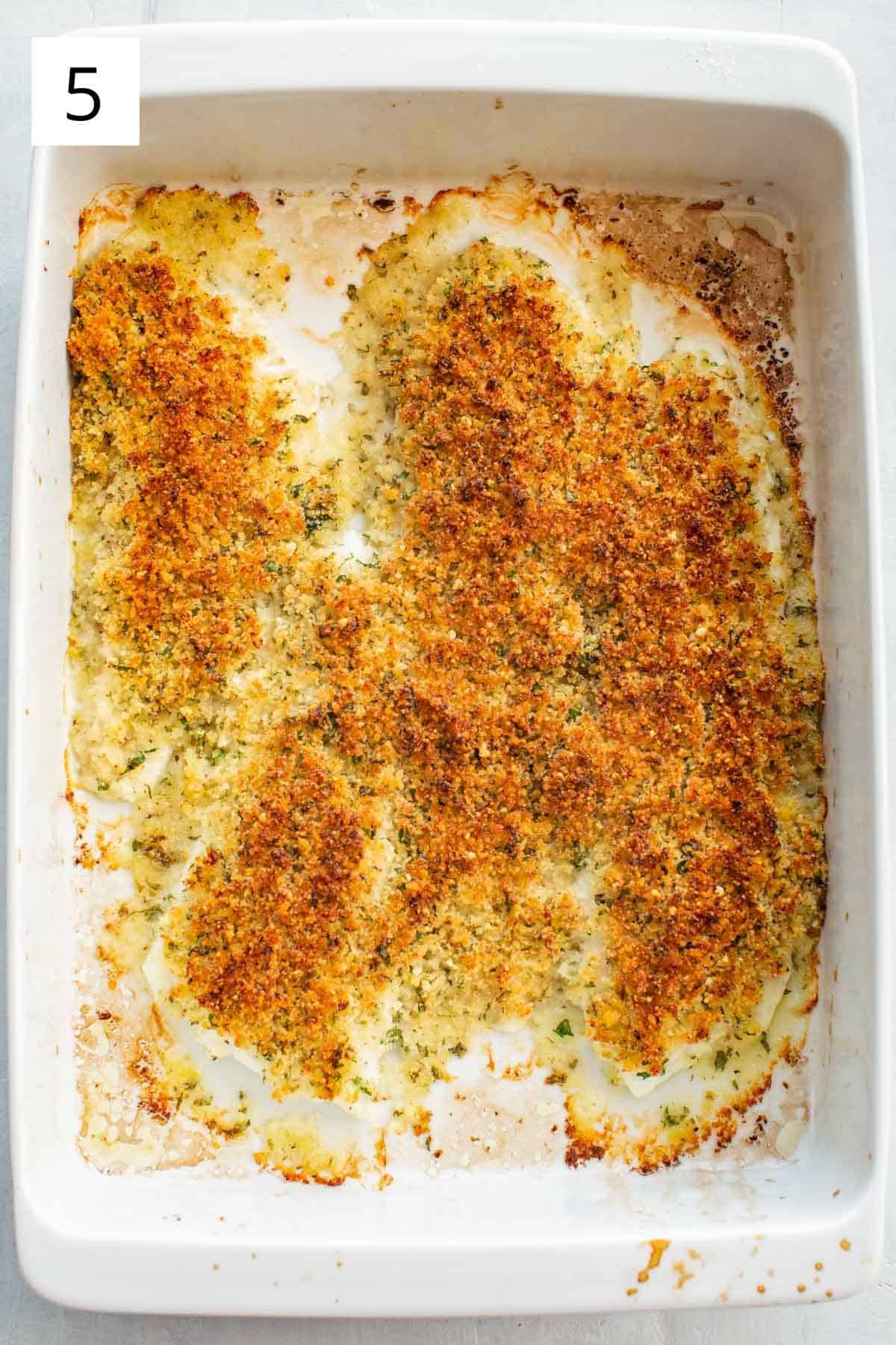 Top view of baked flounder oreganata in the baking pan.