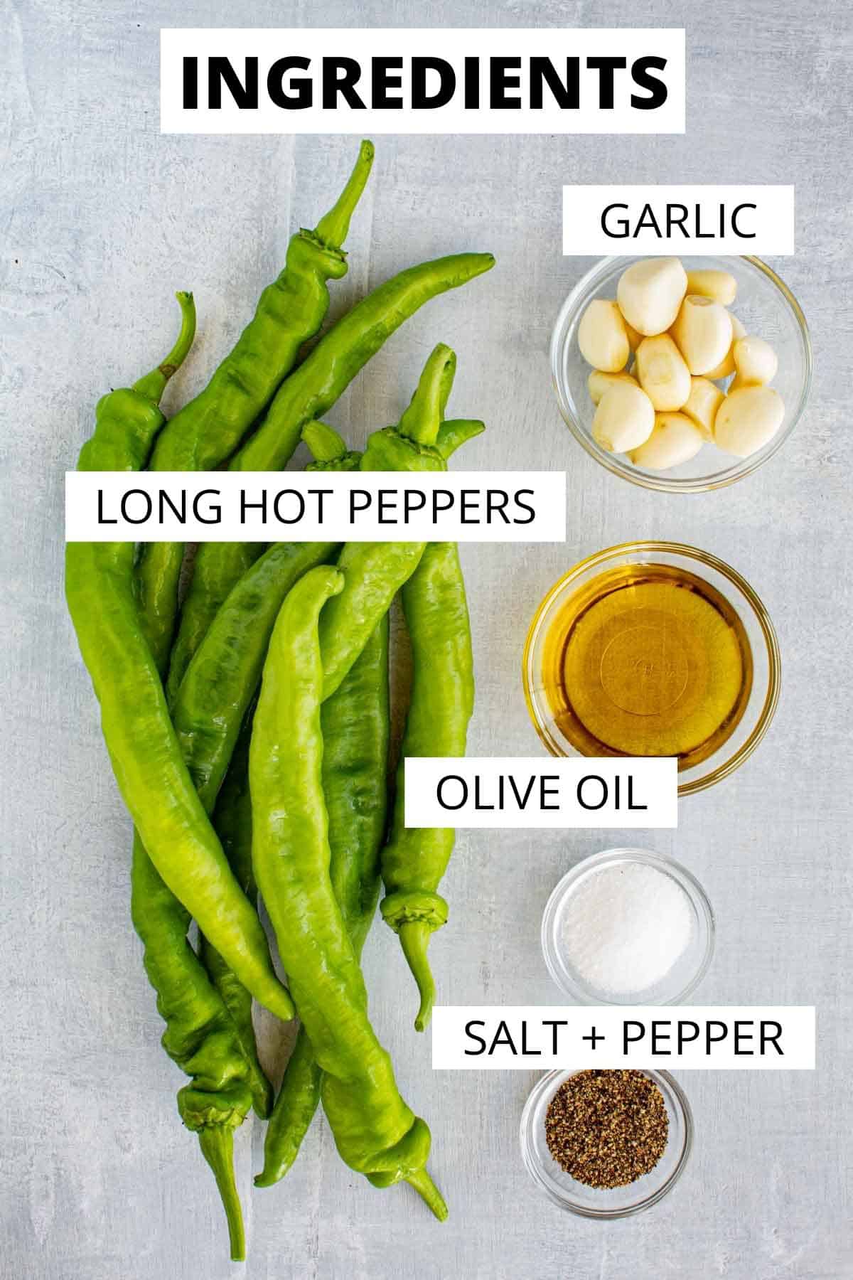 Ingredients for roasted Italian long hot peppers with garlic.