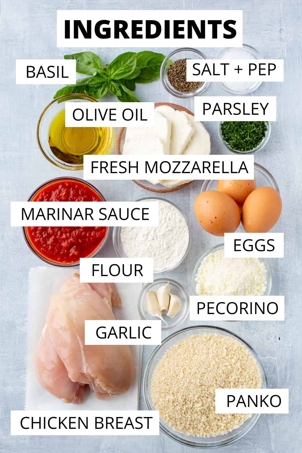 recipe ingredients in clear bowls, with graphic labels