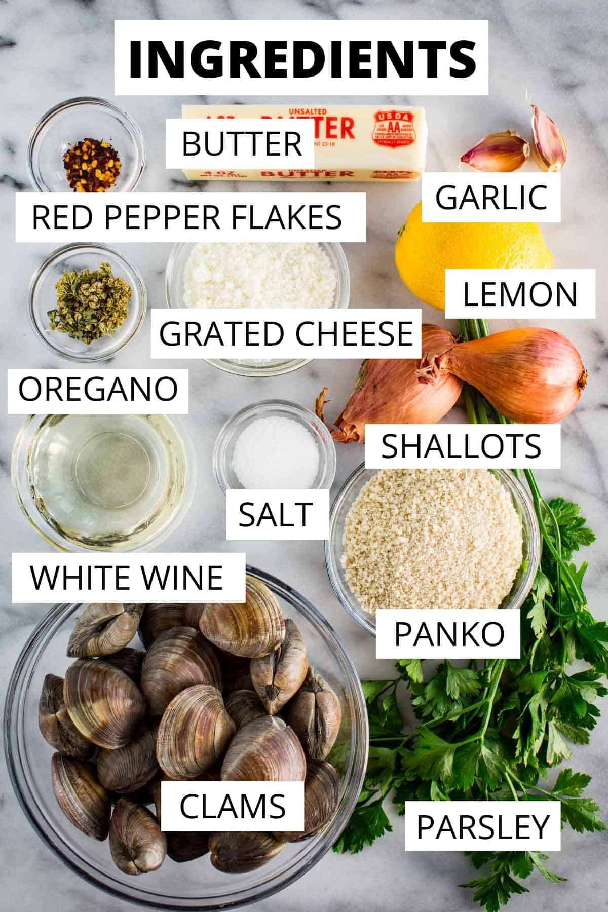 Ingredients for clams oreganata portioned out and labeled.