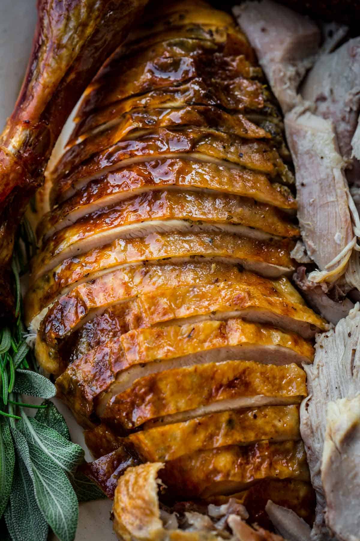 Close up of carved roast turkey slices.