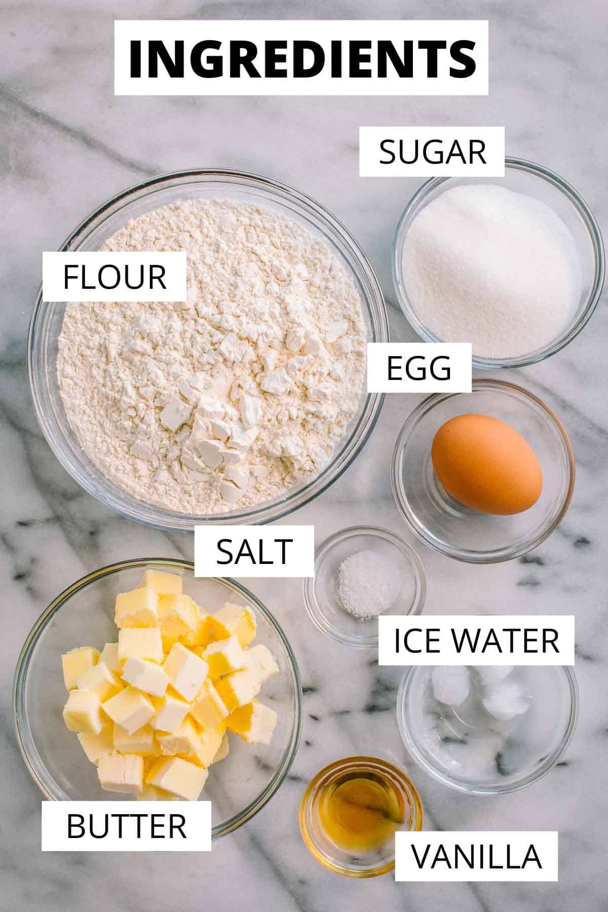 Ingredients for pasta frolla shortcrust pastry dough.