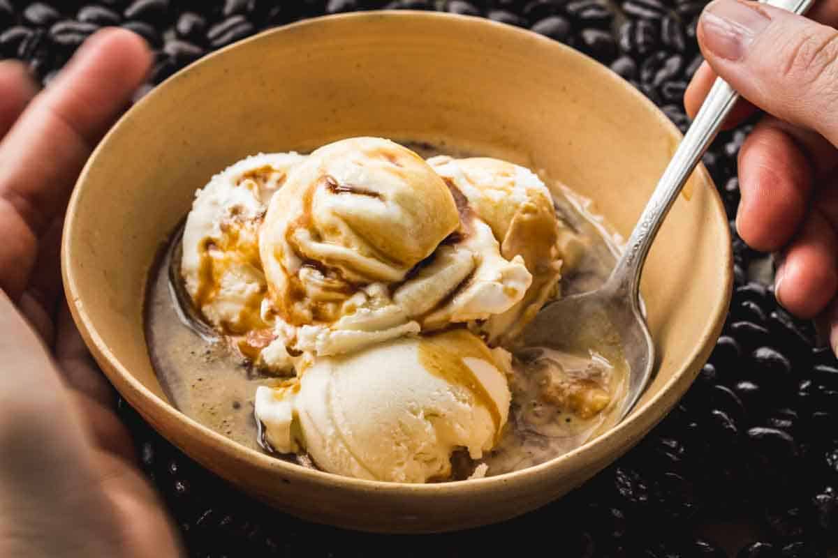 Affogato in a tan bowl.