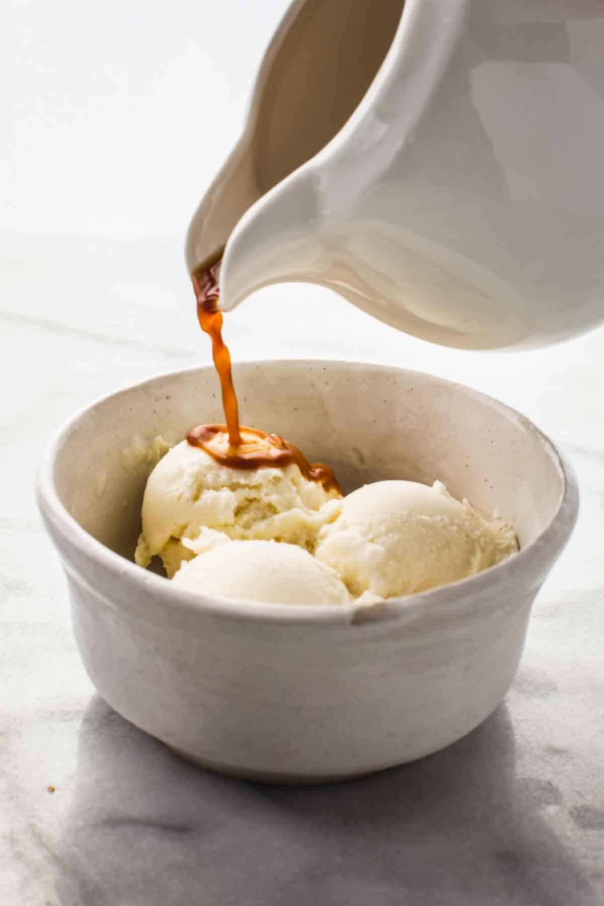 Making affogato with espresso and vanilla flavored gelato.