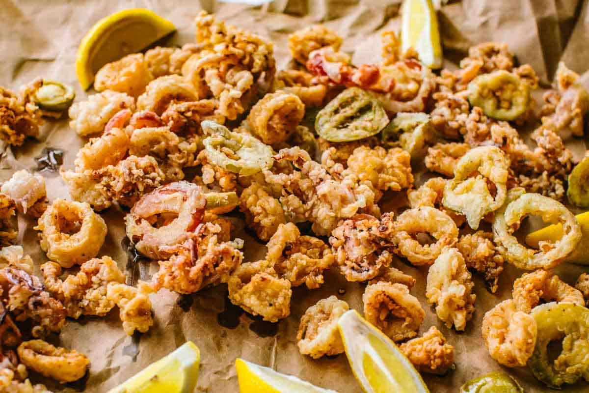 Close up of golden fried calamari.