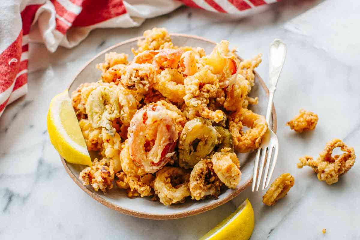 A plate of a crispy seafood appetizer.