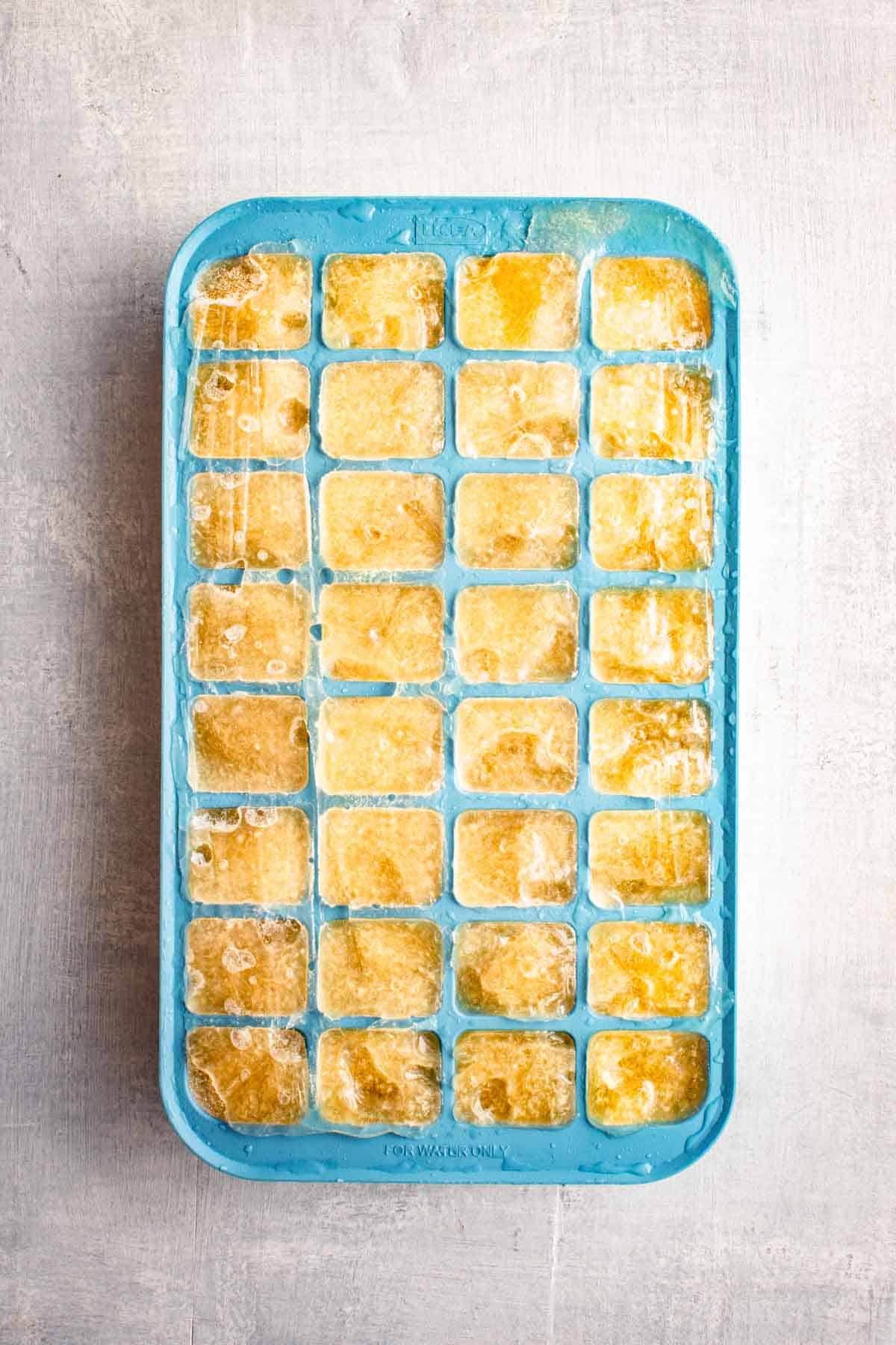 An ice cube tray filled with turkey stock