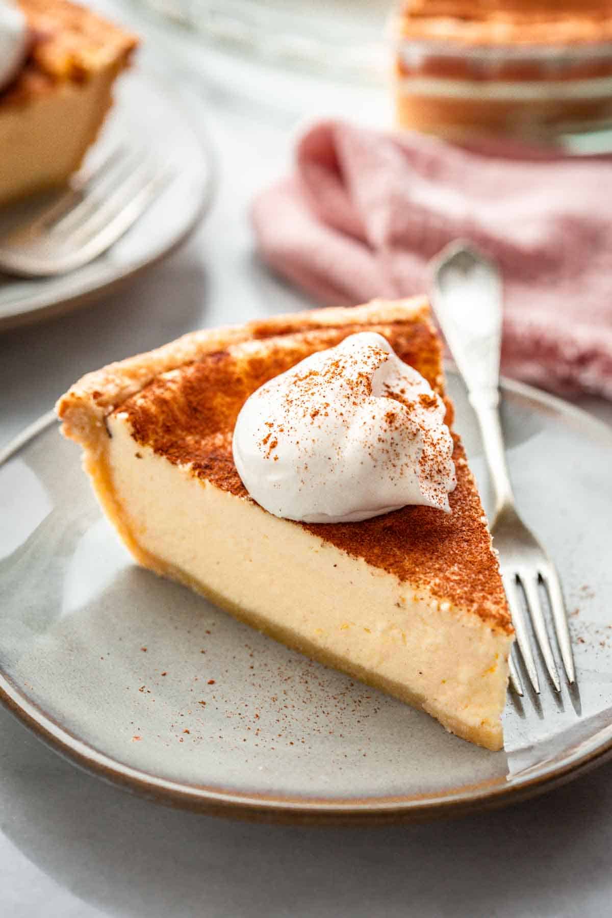 Up close slice of pie on a plate.