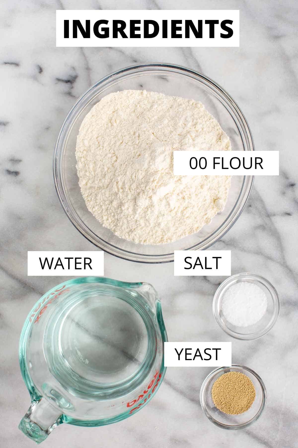Ingredients for Neapolitan pizza dough, portioned out and labeled.