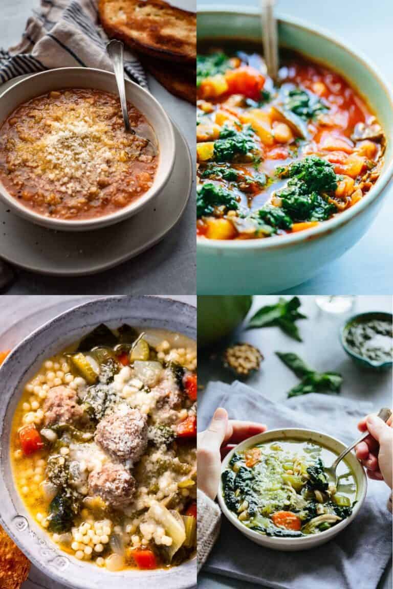 A collage of 4 different photos of soups.