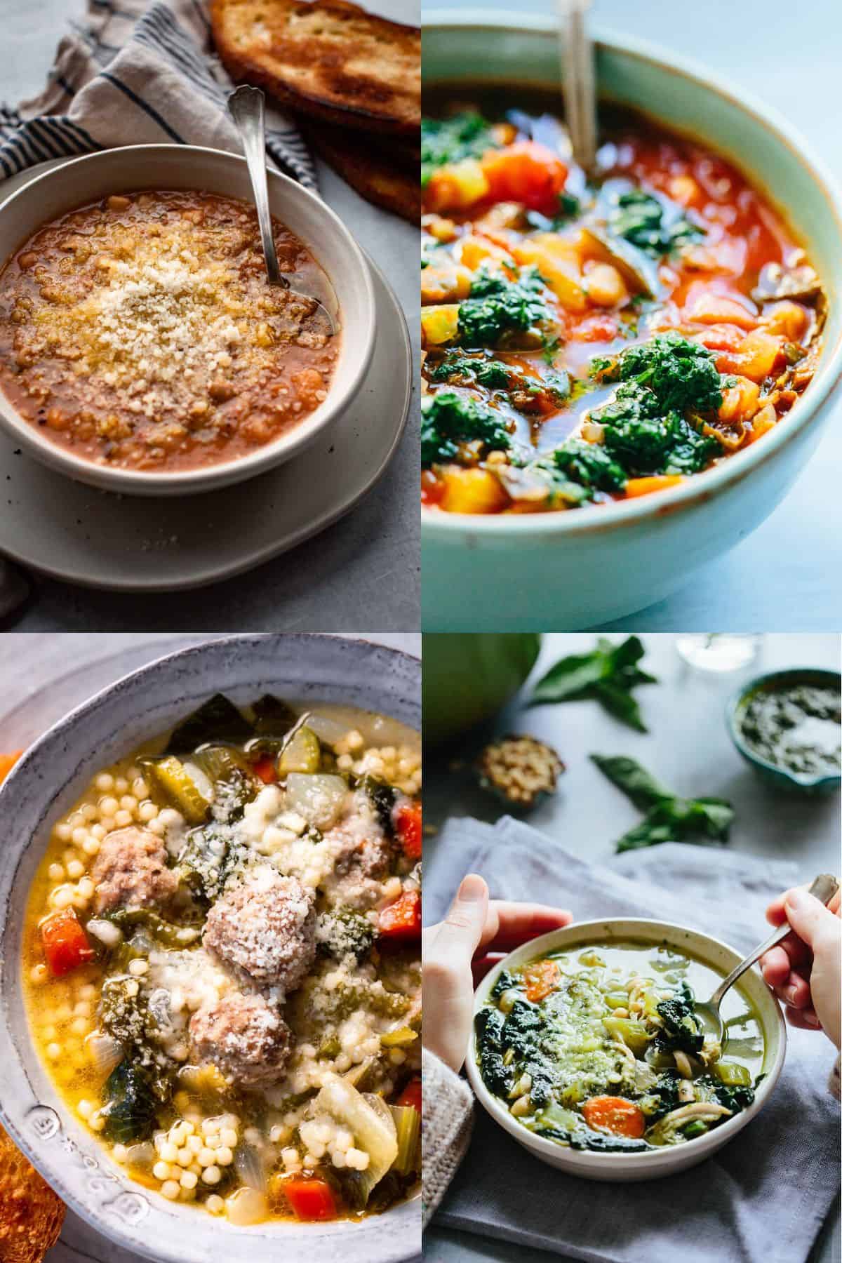 A collage of 4 different photos of soups.