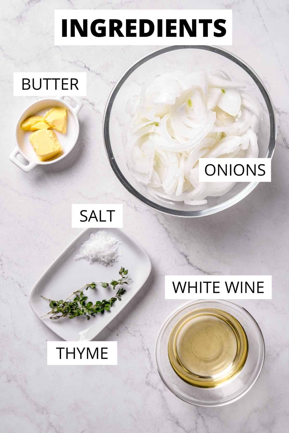 Ingredients needed for perfect caramelized onions.