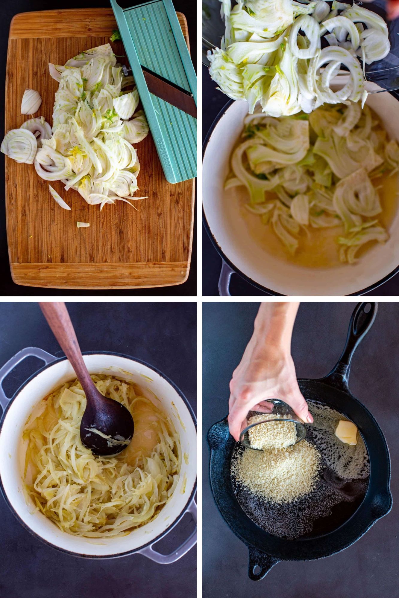 Four photos of chopping and sauteing the fennel and onion to make fennel and onion gratin.