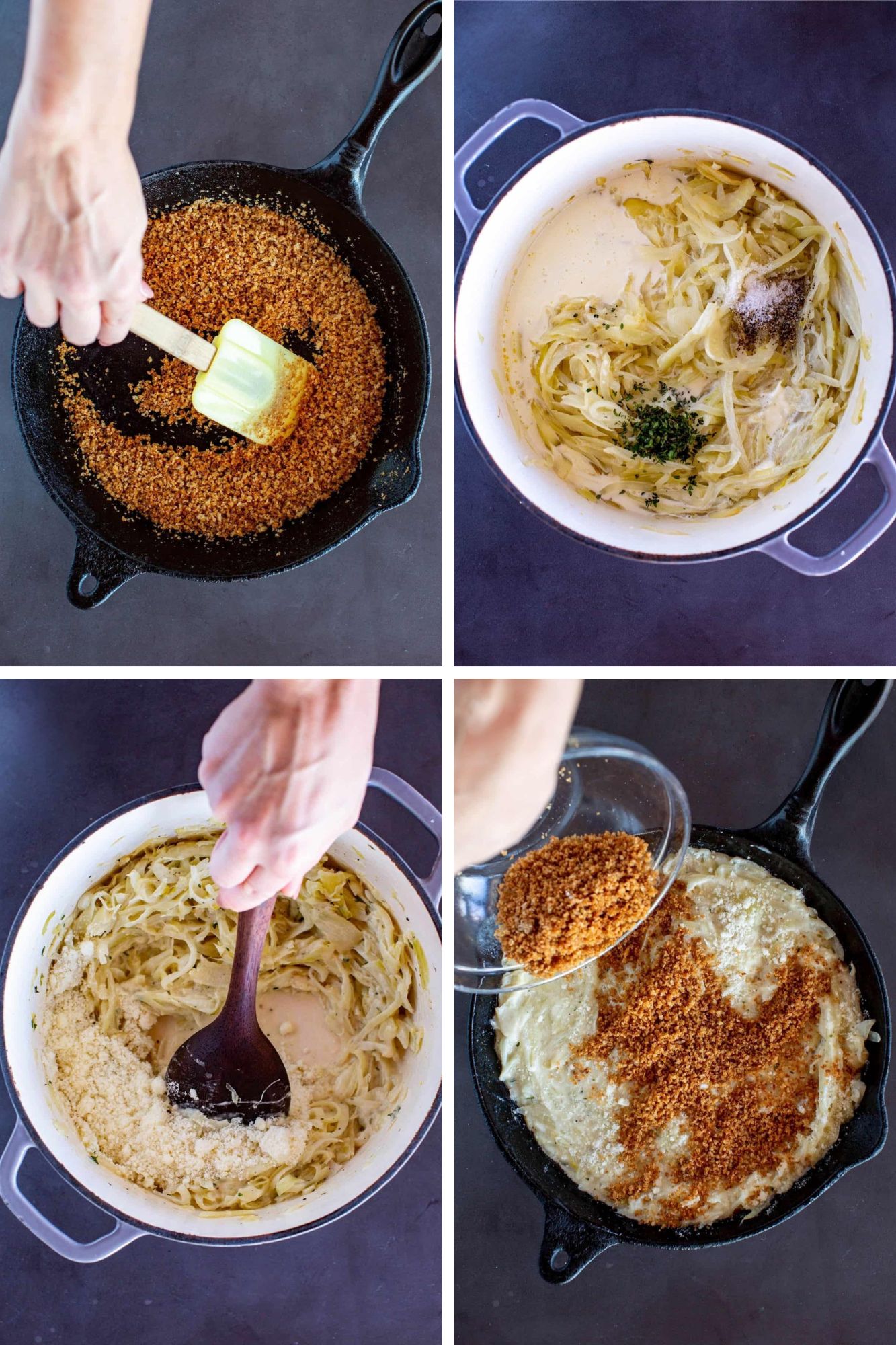 Four photos of toasting breadcrumbs and adding the cheese to the fennel and onion to make fennel and onion gratin.