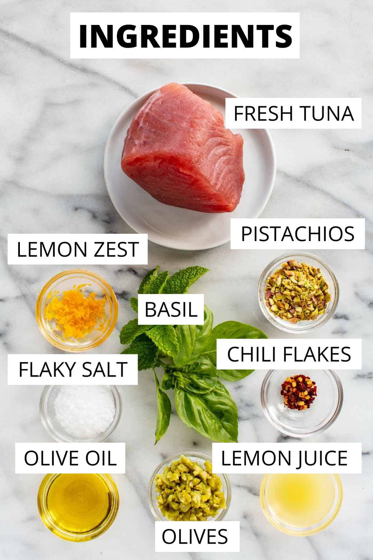 Ingredients for Sicilian style tuna crudo.