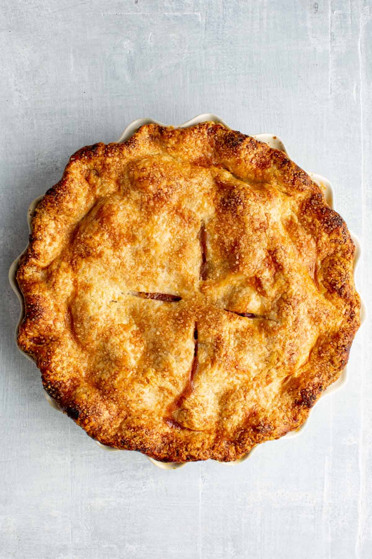 A freshly baked golden brown pie.